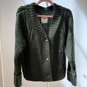 Abercrombie & Fitch Dark Olive Cable Knit Button-Up Cardigan